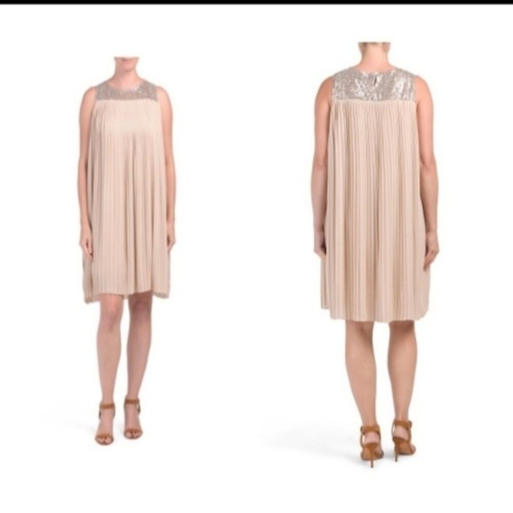 Magari Taupe Pleated Sleeveless Dress with Sequins Top. Size Large.